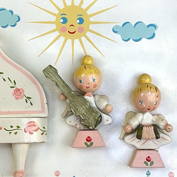Vintage IRMI Wooden Musical Angels Wall Plaque Hand-Painted Nursery Decor Pink - Picture 3 of 14